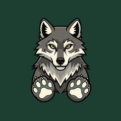 Fototapeta premium Stylized Gray Wolf Head and Paws Cartoon Illustration on Dark Green Background. Wild Animal Character Mascot with Intense Gaze and Detailed Fur.