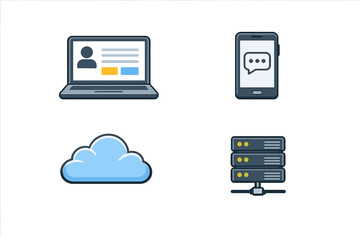 A collection of four digital technology icons including a laptop, a smartphone with a messaging app, a blue cloud, and a server rack, all presented in a flat illustration style.