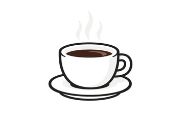 Obraz premium This graphic illustration features a black coffee cup on a saucer with three wisps of white steam rising from the dark liquid, set against a plain black background.