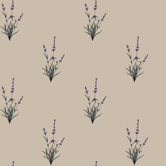 Obraz premium Seamless lavender floral pattern with small botanical bouquets on beige background