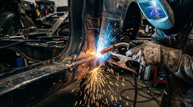 A person wearing gloves and a welding helmet welds a metal car part in a workshop with sparks flying everywhere.