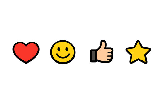 Four colorful icons including a red heart, a yellow smiley face, a thumbs-up gesture, and a yellow star are arranged horizontally against a solid black background.