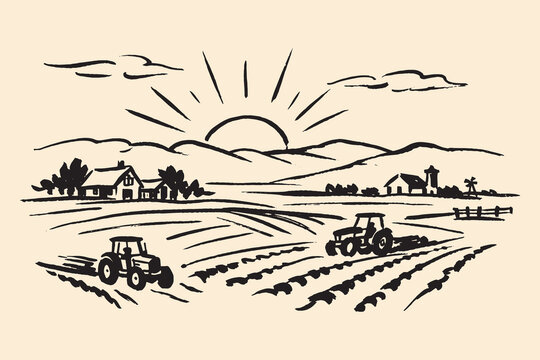 Farm landscape with tractors ink sketch vector illustration