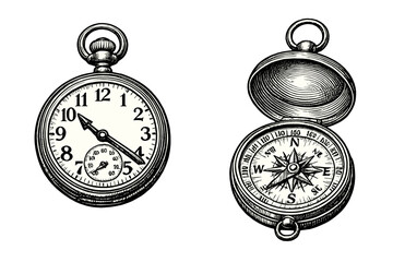 Detailed black and white engraving of a vintage pocket watch and an open nautical compass. The illustration features a classic woodcut style with intricate line work on a dark background. © Alan