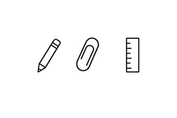 Obraz premium A minimalist set of three white outline icons depicting a pencil, a paperclip, and a ruler, neatly arranged in a horizontal row on a solid black background.