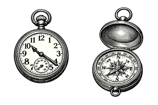 Detailed black and white engraving of a vintage pocket watch and an open nautical compass. The illustration features a classic woodcut style with intricate line work on a dark background.