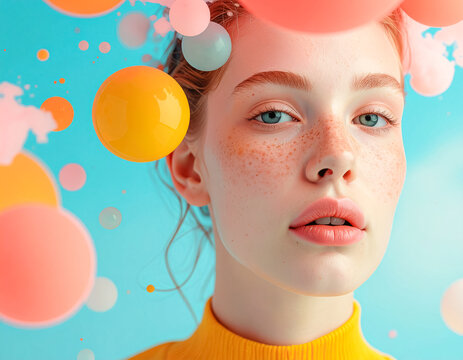Portrait de jeune fille avec des balles de couleurs en suspension