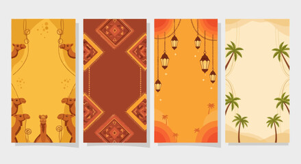 Collection of Middle Eastern themed vertical banners with camels, lanterns, and palm trees © AR99