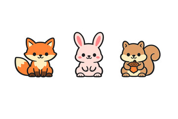 Three cute cartoon forest animals including an orange fox, a pink rabbit, and a brown squirrel holding an acorn are illustrated in a kawaii style against a solid black background. © Alan