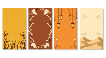 Fototapeta premium Desert Story Templates: Scorpions, Skulls, Lanterns, Sand Dunes