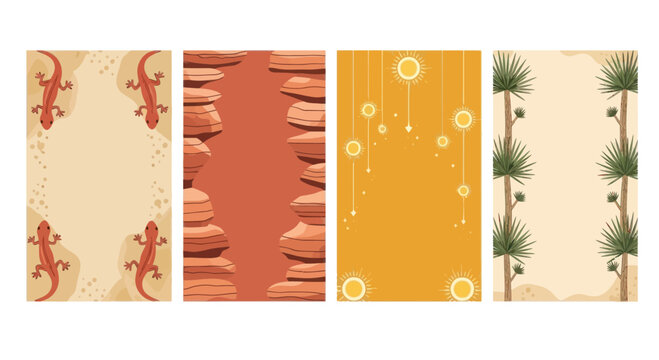 Desert Scenes with Lizards, Rocks, Sun, and Pine Trees - Vertical Frames