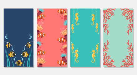 Ocean Life Vertical Templates: Clownfish, Seahorses, Coral, and Tropical Fish © AR99