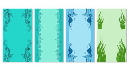 Seahorse and Seaweed Vertical Borders and Frames - Ocean Themed Design Elements © AR99