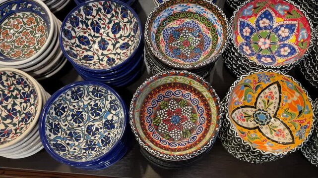 Colorful ceramic bowls with intricate patterns displayed in stacks on table, top view background