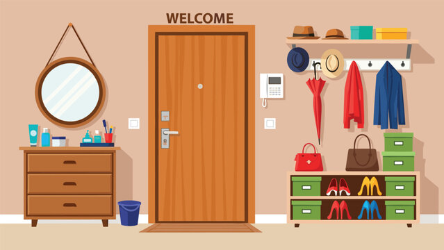 Interior of a home hallway or entrance area featuring a wooden door mirror dresser and a coat rack with hats umbrellas and bags.