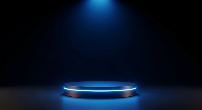 Blue neon lit podium with spotlight, modern product display stage, dark background