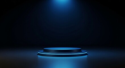 Circular podium with blue neon light, spotlight, dark stage, product display © Munna360