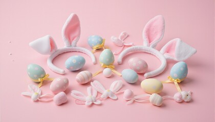 Fototapeta premium Decorative pastel Easter eggs and bunny ears arranged on a pink surface in a festive layout 