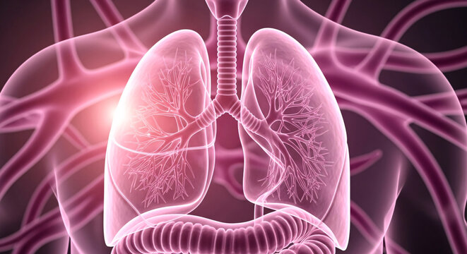 Glowing human lungs and trachea within a transparent body, representing the respiratory system function