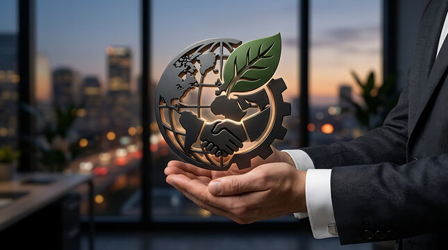 A man in a business suit holds a green earth sculpture