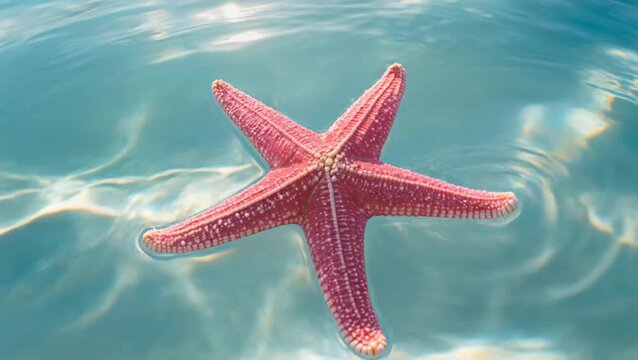 Pink starfish floats in clear turquoise water, sunlight creating shimmering patterns, evoking a calm and serene ocean scene.