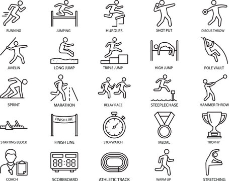 Athletics and Track Field Sports Icons Set - Running, Jumping, Throwing Vector Illustration
