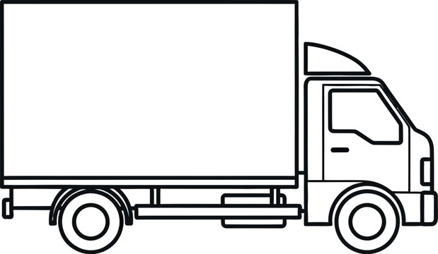 Simple black and white outline drawing of a small box truck representing logistics and freight delivery services on a clean background.