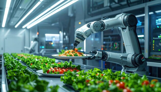 Advanced robotic arm meticulously assembling a fresh salad meal in a futuristic automated kitchen environment