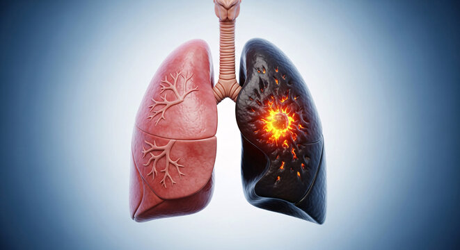 Healthy and diseased human lungs illustrating the impact of smoking and lung cancer on the respiratory system