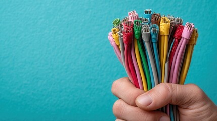 Obraz premium Hand holding a bunch of bare electrical wires on solid background