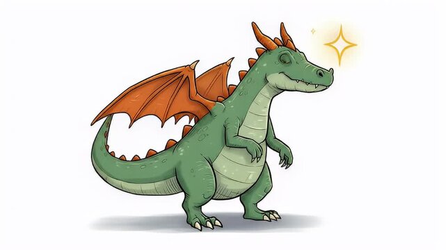 Whimsical illustration of a friendly green dragon with orange wings against a white background