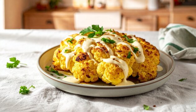 Golden roasted cauliflower with herbs and sauce on rustic table in cozy kitchen setting.