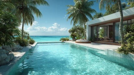 Fototapeta premium Luxury tropical villa by the pool with palm trees on a sunny summer day 