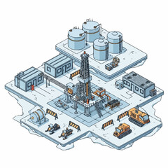 Isometric illustration of an arctic oil drilling platform with various industrial structures and vehicles. © Dalijo