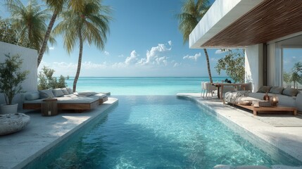 Obraz premium Luxury tropical villa by the pool with palm trees on a sunny summer day 