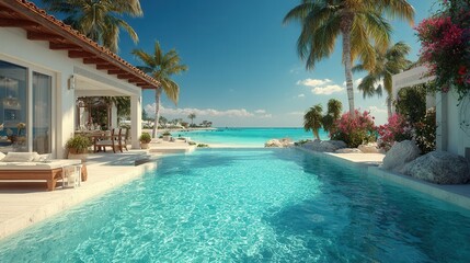Obraz premium Luxury tropical villa by the pool with palm trees on a sunny summer day 