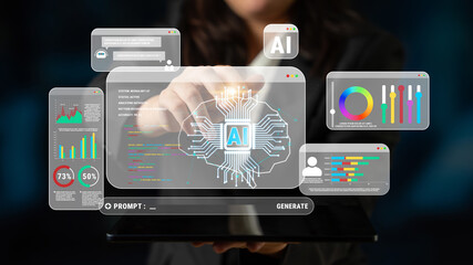 Fototapeta premium Business Professional Interacting with Advanced AI Technology on a Digital Tablet with Data Analytics and Charts in a Modern Workspace Environment Quark.