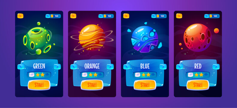 Space game UI screens set with cosmic backgrounds and alien planets. Mobile arcade interface with cartoon galaxy elements, futuristic buttons and platform designs for videogame adventure levels.