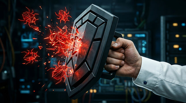 A hand holding a futuristic device with red sparks exploding from it