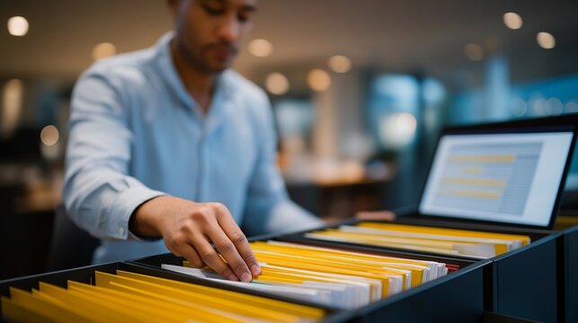 Small business accountant organizing expense receipts into color coded folders with accounting software visible on monitor, bookkeeping system workflow, perfect for tax preparation, business