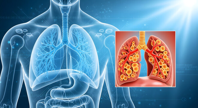 Human body anatomy with transparent lungs displaying internal respiratory system and magnified alveoli inset