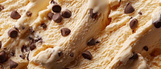 vanilla Chocolate Chip flavor gelato - full frame background banner detail. Close up of a surface texture of vanilla Chocolate Chip Ice cream -