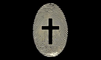 Fototapeta premium Christian Faith Identity: Fingerprint with Cross Symbol on Black Background