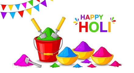 Colorful Celebration of Holi with Vibrant Powders and Decorations