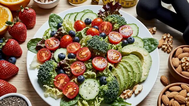 Healthy and Colorful Flat Lay Composition of a Nutritious Salad Plate, Surrounded by an Array of Fresh Fruits, Vegetables, Seeds, and Nuts, with a Water Bottle, Dumbbells, and a Tape Measure in the Co