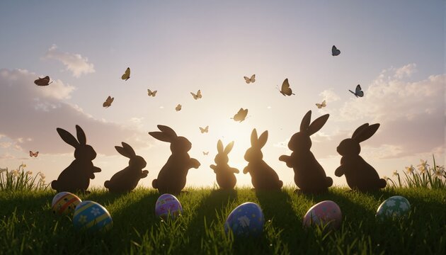 Cute Easter bunnies are playing on the grass. Butterflies fly, eggs lie in the grass. Silhouette
