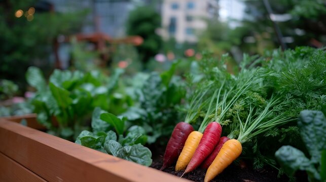 Terrace garden bed yielding rainbow carrots, golden beets, and leafy greens within footsteps of dining table, hyperlocal harvest eliminating food miles entirely, ideal for home harvests, backyard