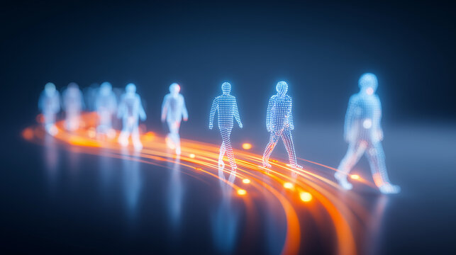 Digital human figures walking along curved data paths representing user journey mapping, movement analytics, and behavior driven decision making.
