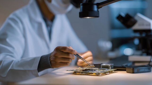 Electronics technician replacing surface-mount components on motherboard using pick-and-place tweezers under stereo microscope in repair and refurbishment workshop, ideal for electronics repair,