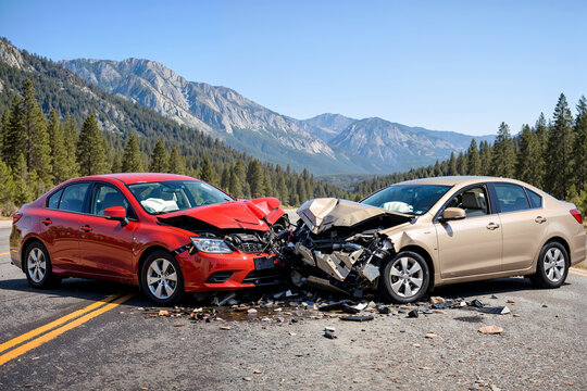 Severe head on automobile collision on mountain highway illustrating traffic accident damage safety risk and emergency scenario